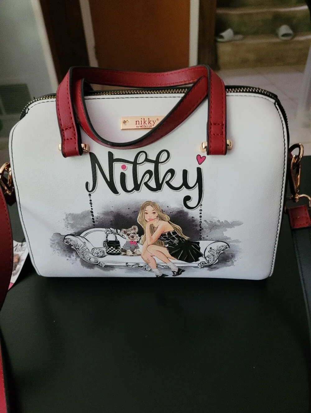 Nikky By Nicole Lee White Satchel with Red Trim - Fashion Graphic Women's Bag